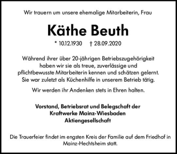 Traueranzeige von Käthe Beuth von vrm-trauer