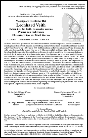 Traueranzeige von Leonhard Veith von vrm-trauer