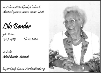 Traueranzeige von Lilo Bender von vrm-trauer