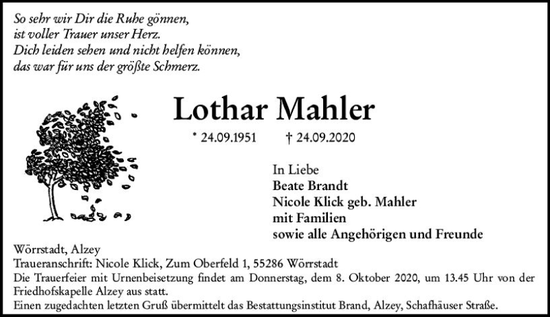  Traueranzeige für Lothar Mahler vom 02.10.2020 aus vrm-trauer