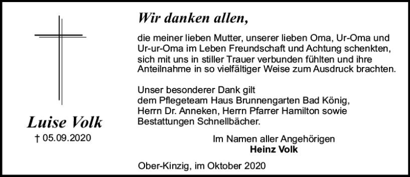  Traueranzeige für Luise Volk vom 02.10.2020 aus vrm-trauer