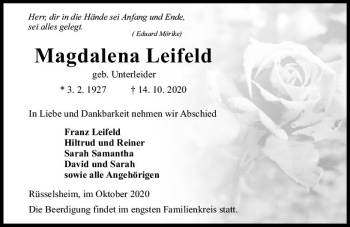 Traueranzeige von Magdalena Leifeld von vrm-trauer