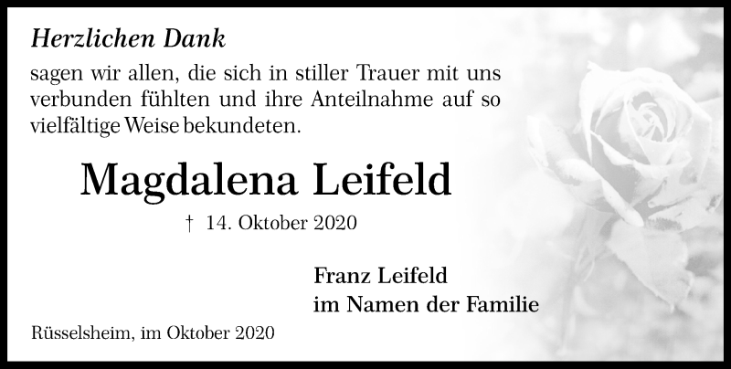  Traueranzeige für Magdalena Leifeld vom 31.10.2020 aus vrm-trauer
