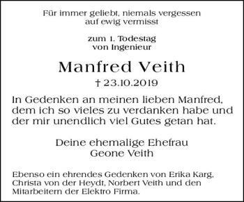 Traueranzeige von Manfred Veith von vrm-trauer