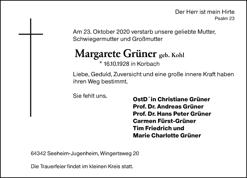  Traueranzeige für Margarete Grüner vom 31.10.2020 aus vrm-trauer