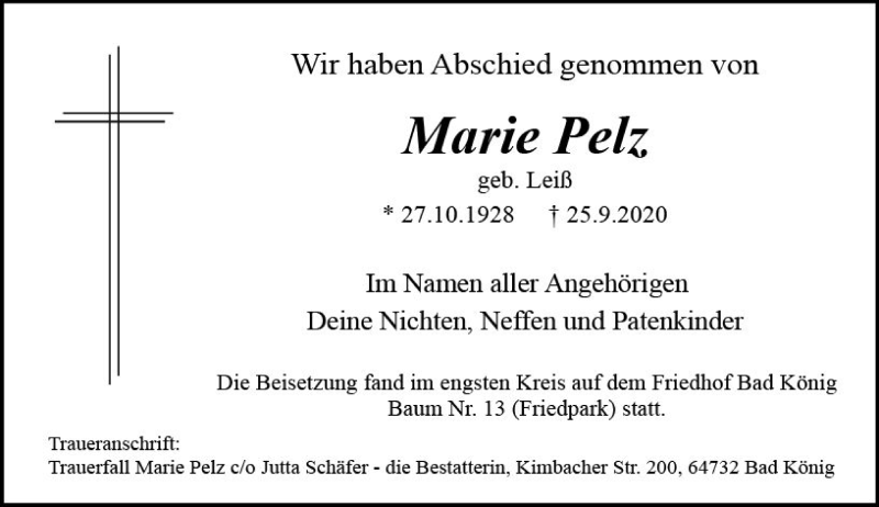  Traueranzeige für Marie Pelz vom 10.10.2020 aus vrm-trauer