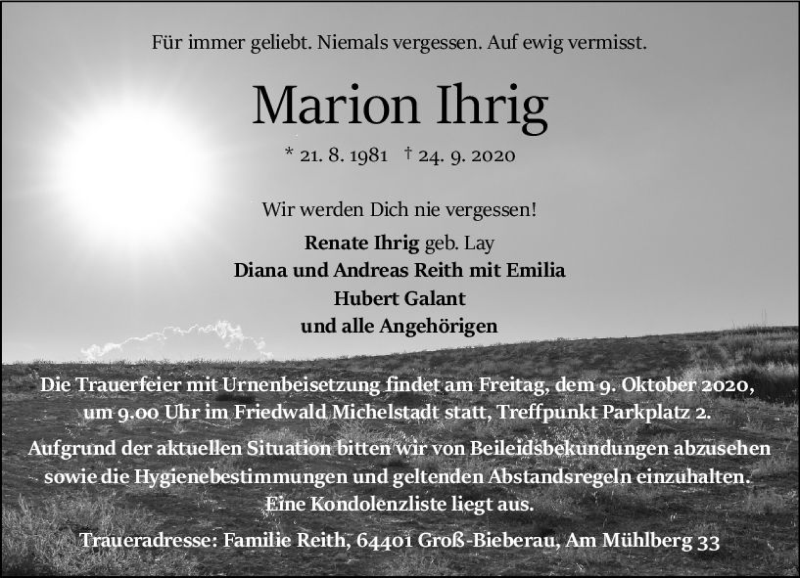  Traueranzeige für Marion Ihrig vom 02.10.2020 aus vrm-trauer