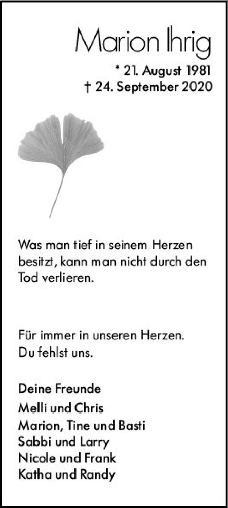  Traueranzeige für Marion Ihrig vom 02.10.2020 aus vrm-trauer