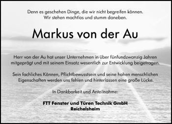 Traueranzeige von Markus von der Au von vrm-trauer