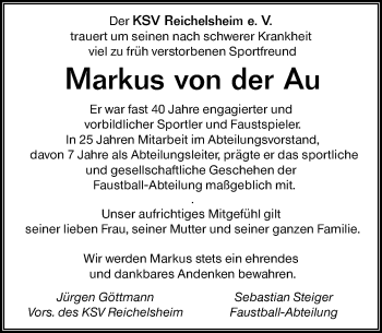 Traueranzeige von Markus von der Au von vrm-trauer