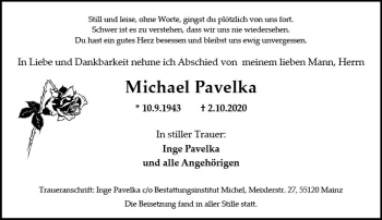 Traueranzeige von Michael Pavelka von vrm-trauer