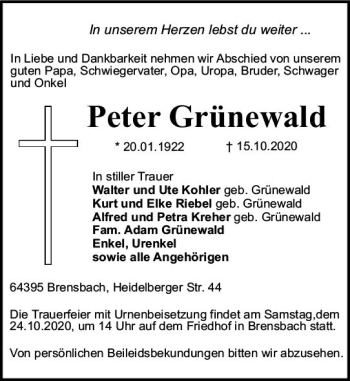 Traueranzeige von Peter Grünewald von vrm-trauer