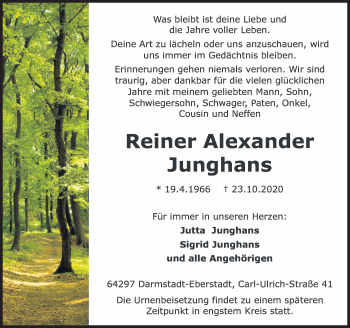 Traueranzeige von Reiner Alexander Junghans von vrm-trauer