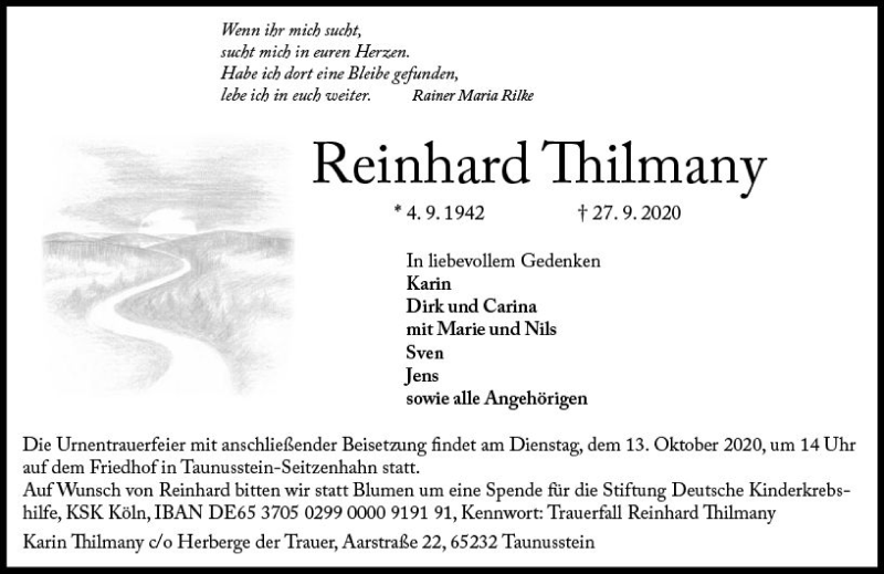  Traueranzeige für Reinhard Thilmany vom 12.10.2020 aus vrm-trauer