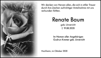 Traueranzeige von Renate Baum von vrm-trauer