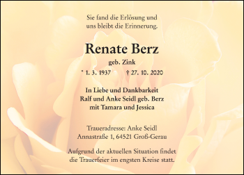 Traueranzeige von Renate Berz von vrm-trauer