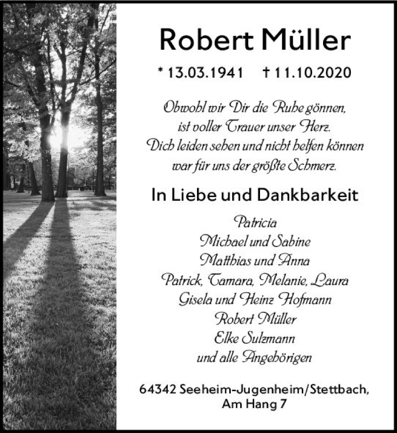 Traueranzeige für Robert Müller vom 15.10.2020 aus vrm-trauer