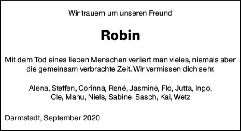  Traueranzeige für Robin  vom 02.10.2020 aus vrm-trauer