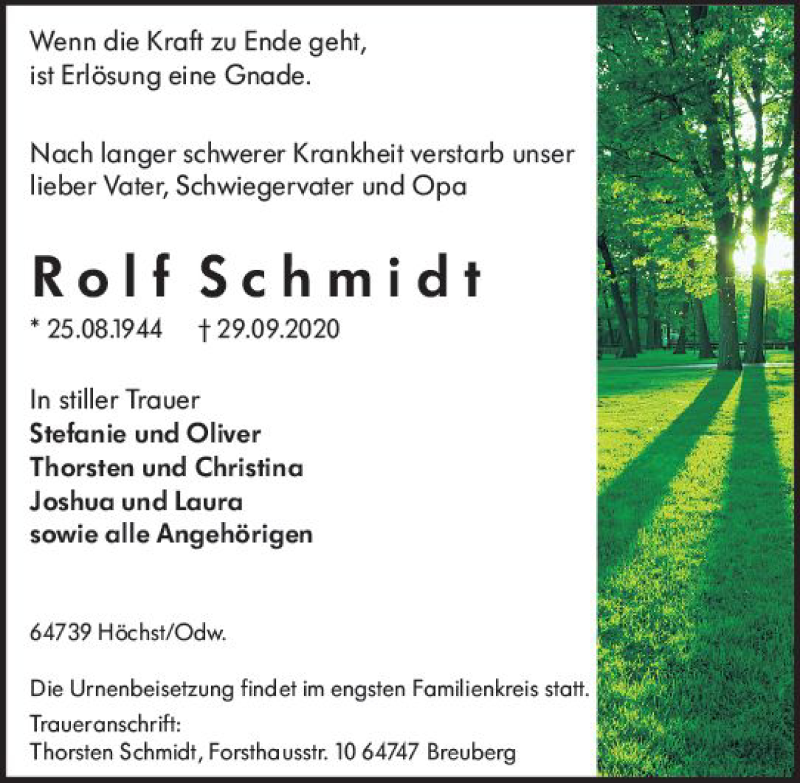  Traueranzeige für Rolf Schmidt vom 07.10.2020 aus vrm-trauer