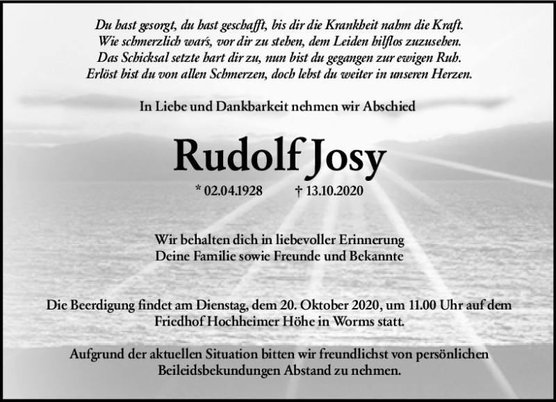  Traueranzeige für Rudolf Josy vom 16.10.2020 aus vrm-trauer