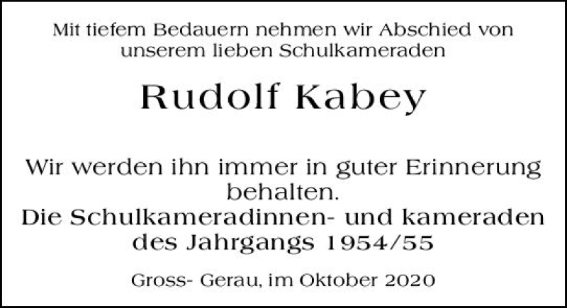  Traueranzeige für Rudolf Kabey vom 27.10.2020 aus vrm-trauer