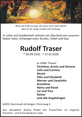 Traueranzeige von Rudolf Traser von vrm-trauer