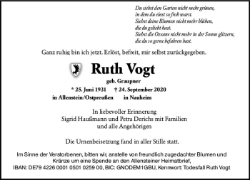 Traueranzeige von Ruth Vogt von vrm-trauer