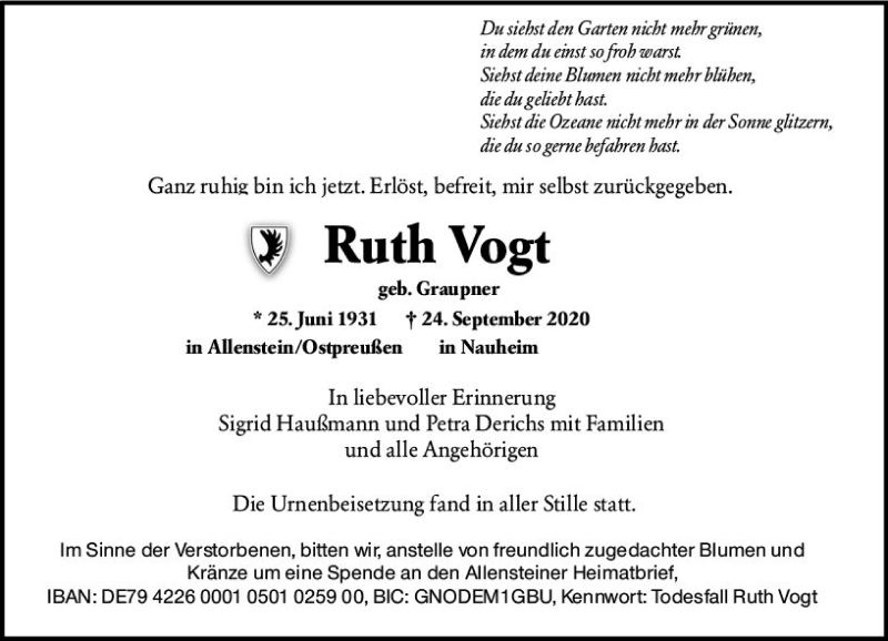  Traueranzeige für Ruth Vogt vom 10.10.2020 aus vrm-trauer