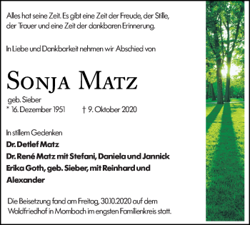 Traueranzeige von Sonja Matz von vrm-trauer
