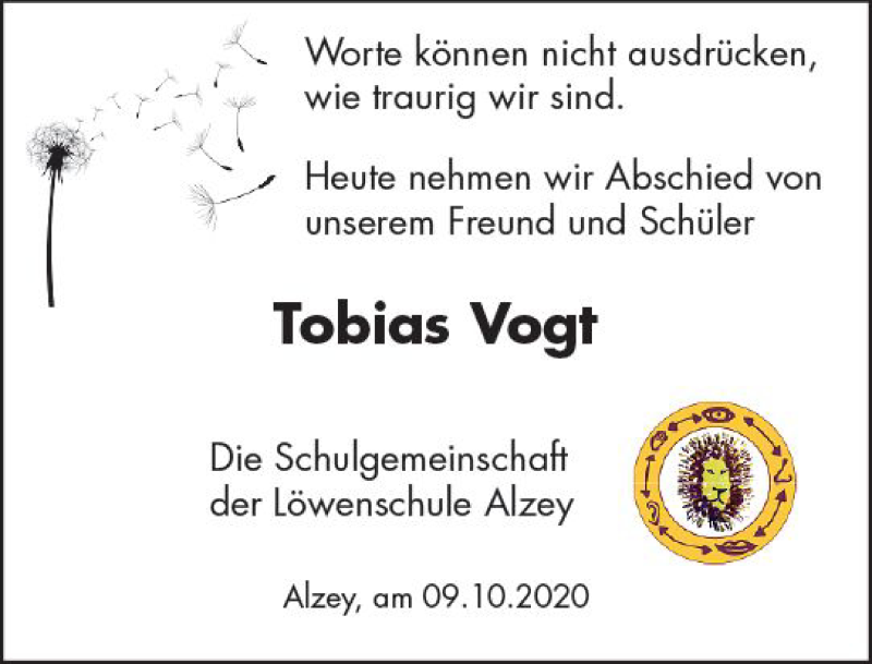  Traueranzeige für Tobias Vogt vom 09.10.2020 aus vrm-trauer