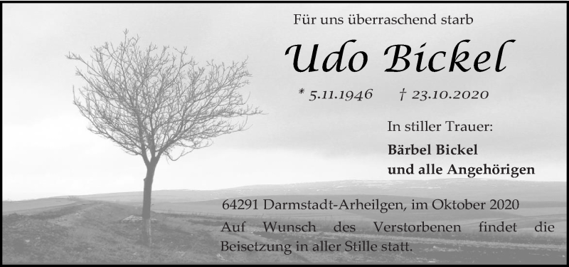  Traueranzeige für Udo Bickel vom 31.10.2020 aus vrm-trauer