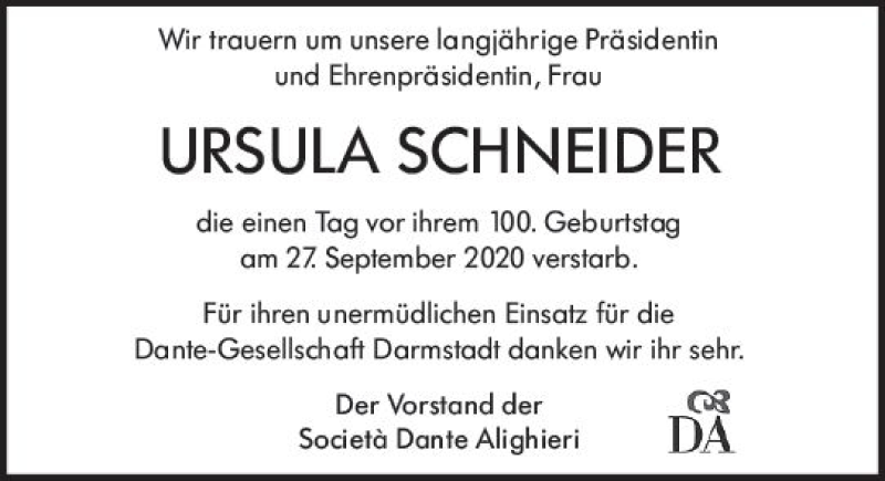  Traueranzeige für Ursula Schneider vom 02.10.2020 aus vrm-trauer