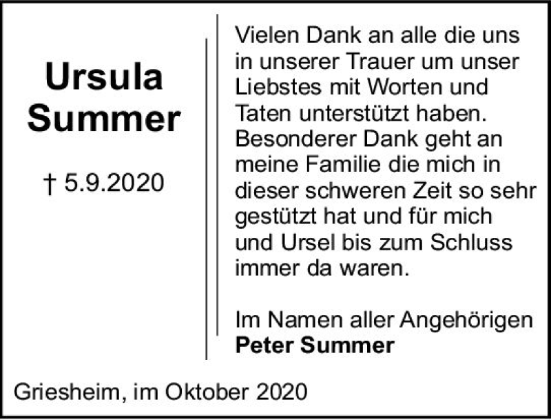  Traueranzeige für Ursula Summer vom 10.10.2020 aus vrm-trauer
