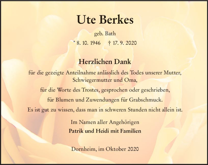  Traueranzeige für Ute Berkes vom 10.10.2020 aus vrm-trauer
