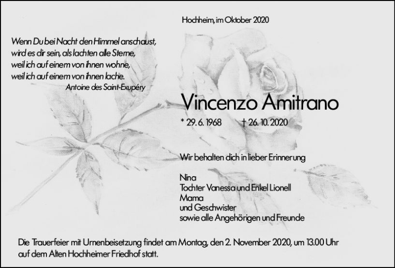  Traueranzeige für Vincenzo Amitrano vom 30.10.2020 aus vrm-trauer
