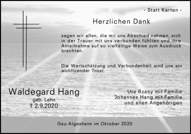  Traueranzeige für Waldegard Hang vom 02.10.2020 aus vrm-trauer