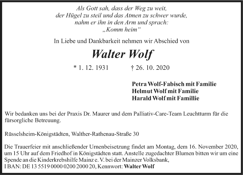  Traueranzeige für Walter Wolf vom 31.10.2020 aus vrm-trauer