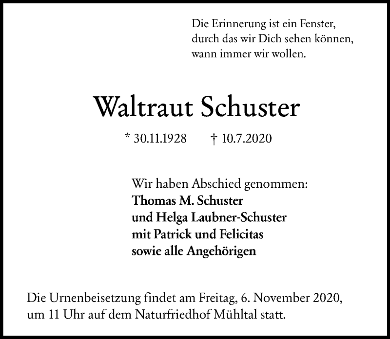 Traueranzeige für Waltraut Schuster vom 31.10.2020 aus vrm-trauer