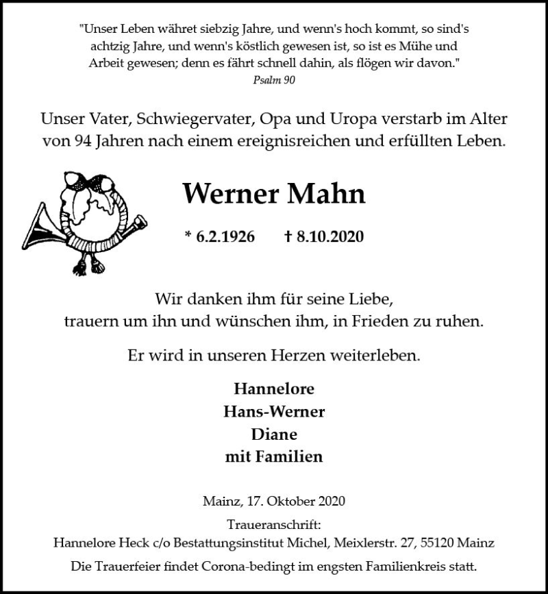  Traueranzeige für Werner Mahn vom 17.10.2020 aus vrm-trauer