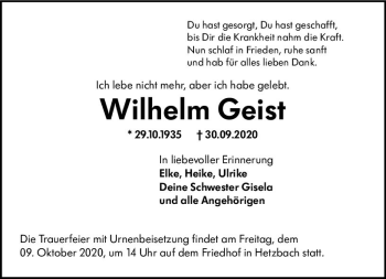 Traueranzeige von Wilhelm Geist von vrm-trauer