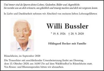 Traueranzeige von Willi Bussler von vrm-trauer