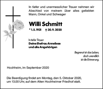 Traueranzeige von Willi Schmitt von vrm-trauer