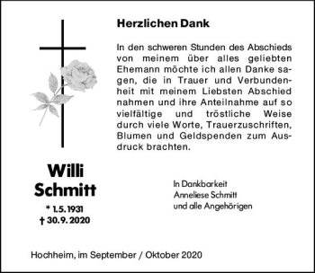 Traueranzeige von Willi Schmitt von vrm-trauer