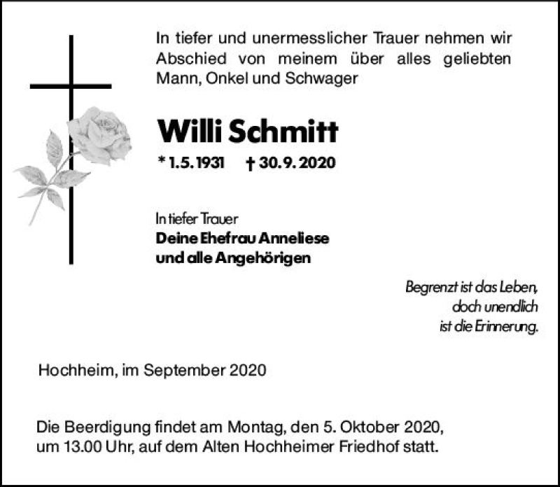  Traueranzeige für Willi Schmitt vom 02.10.2020 aus vrm-trauer