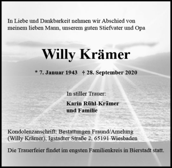 Traueranzeige von Willy Krämer von vrm-trauer