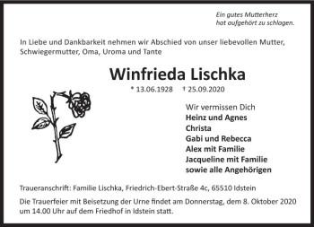 Traueranzeige von Winfrieda Lischka von vrm-trauer