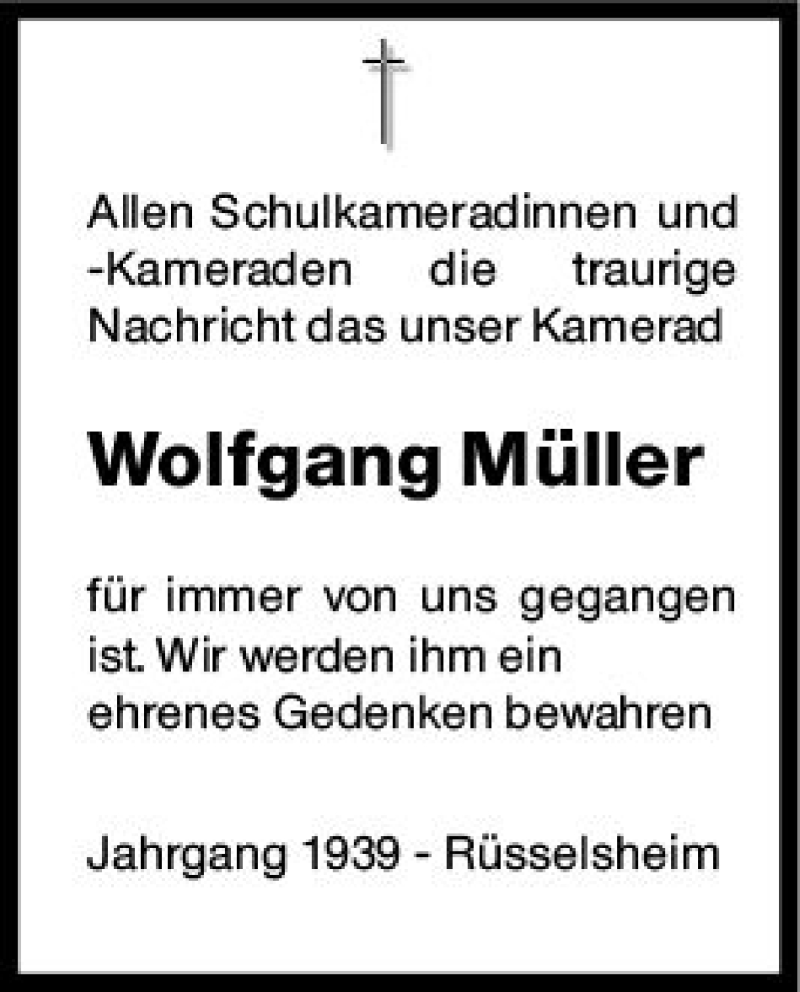  Traueranzeige für Wolfgang Müller vom 20.10.2020 aus vrm-trauer