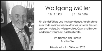 Traueranzeige von Wolfgang Müller von vrm-trauer
