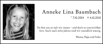 Traueranzeige von Anneke Lina Baumbach von VRM Tageszeitungen