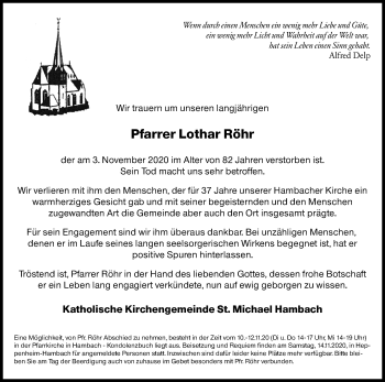 Traueranzeige von Pfarrer Lothar Röhr von VRM Tageszeitungen